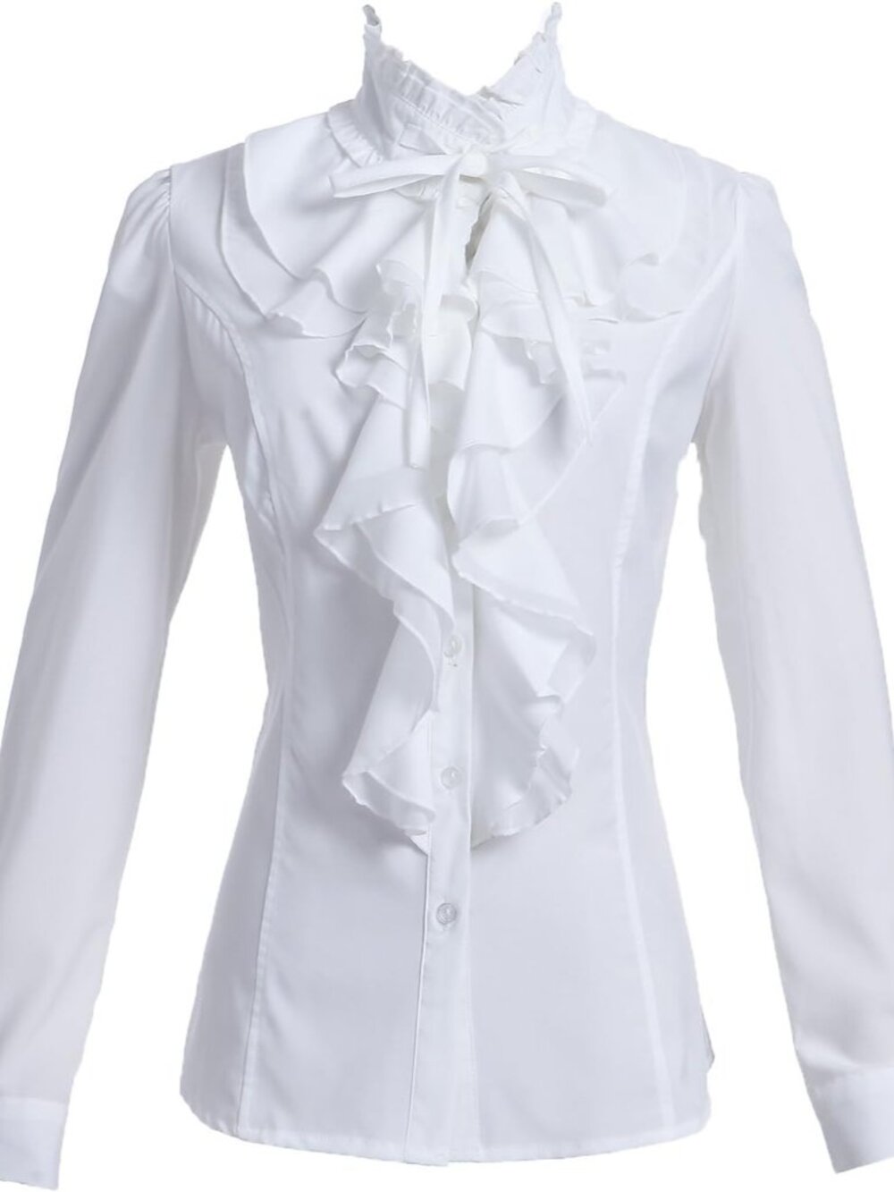 Women Shirts Lace Ruffle Neck Stand-Up Collar Victoria Ruffle Bow BlouseLong Sle